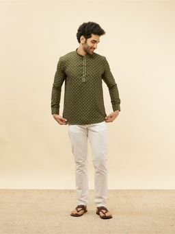 Manyavar - Mens Green Blended Viscose Printed Short Kurtas