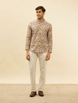 Manyavar - Mens Beige Blended Viscose Printed Short Kurtas