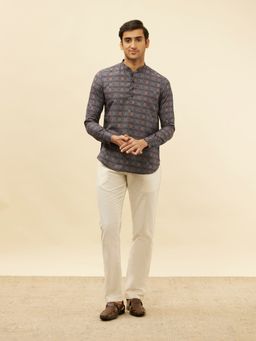 Manyavar - Mens Blue Blended Viscose Printed Short Kurtas