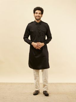Manyavar - Mens Black Cotton Solid Kurtas