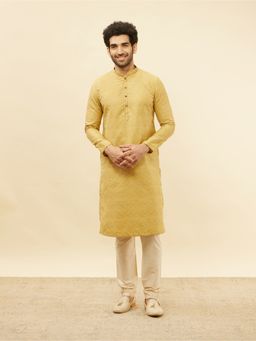 Manyavar - Mens Yellow Blended Cotton Jacquard Kurta Pyjama (Set of 2)