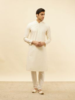 Manyavar - Mens Cream Blended Viscose Self Design Kurta Pyjama (Set of 2)