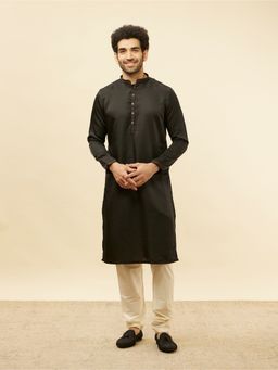 Manyavar - Mens Black Satin Solid Kurta Pyjama (Set of 2)