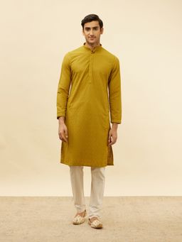 Manyavar - Mens Yellow Blended Cotton Chikankari Kurta Pyjama (Set of 2)