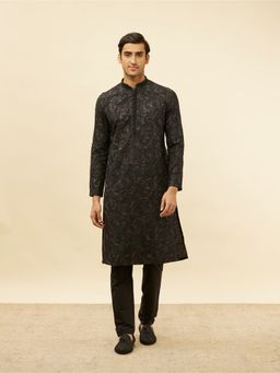 Manyavar - Mens Black Blended Viscose Self Design Kurta Pyjama (Set of 2)