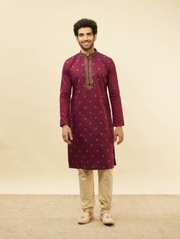 Manyavar - Mens Maroon Blended Cotton Embroidered Kurta Pyjama (Set of 2)