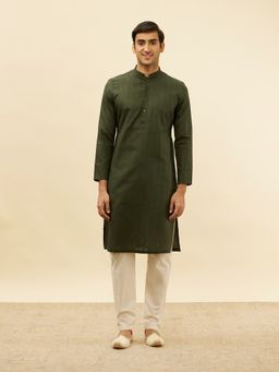 Manyavar - Mens Green Cotton Stripes Kurta Pyjama (Set of 2)