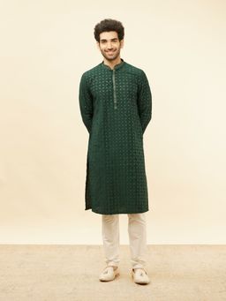 Manyavar - Mens Green Art Silk Self Design Kurta Pyjama (Set of 2)
