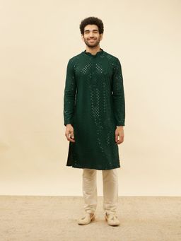 Manyavar - Mens Green Viscose Chikankari Kurta Pyjama (Set of 2)
