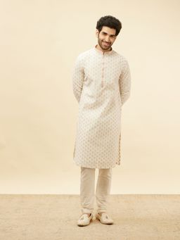 Manyavar - Mens White Blended Cotton Jacquard Kurta Pyjama (Set of 2)