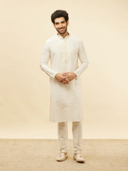 Manyavar - Mens Off White Blended Viscose Embroidered Kurta Pyjama (Set of 2)