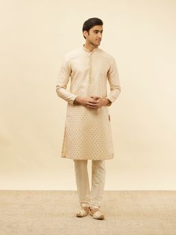 Manyavar - Mens Beige Art Silk Jacquard Kurta Pyjama (Set of 2)