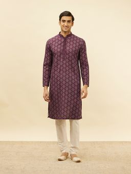 Manyavar - Mens Purple Blended Viscose Printed Kurta Pyjama (Set of 2)