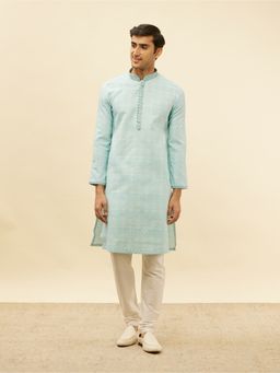Manyavar - Mens Blue Brocade Jacquard Kurta Pyjama (Set of 2)