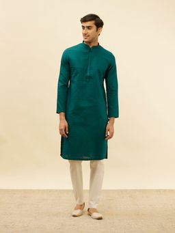 Manyavar - Mens Green Cotton Checks Kurta Pyjama (Set of 2)