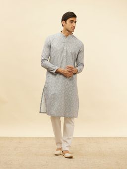 Manyavar - Mens Grey Blended Cotton Printed Kurta Pyjama (Set of 2)