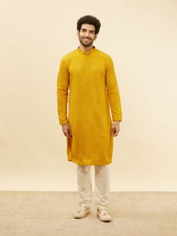Manyavar - Mens Mustard Viscose Chikankari Kurta Pyjama (Set of 2)