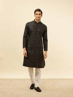 Manyavar - Mens Black Cotton Self Design Kurta Pyjama (Set of 2)