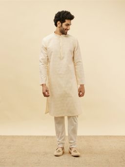Manyavar - Mens Cream Blended Cotton Checks Kurta Pyjama (Set of 2)