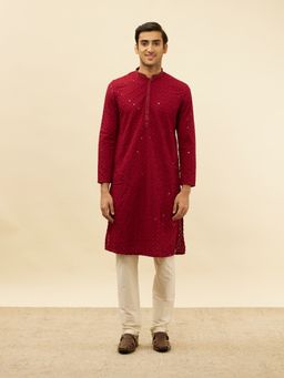 Manyavar - Mens Maroon Blended Cotton Chikankari Kurta Pyjama (Set of 2)