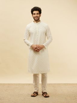 Manyavar - Mens Off White Blended Cotton Chikankari Kurta Pyjama (Set of 2)