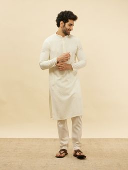 Manyavar - Mens Cream Viscose Chikankari Kurta Pyjama (Set of 2)