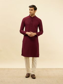 Manyavar - Mens Maroon Viscose Chikankari Kurta Pyjama (Set of 2)