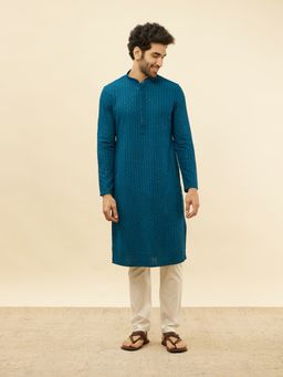 Manyavar - Mens Blue Viscose Chikankari Kurta Pyjama (Set of 2)