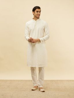 Manyavar - Mens Cream Blended Viscose Self Design Kurta Pyjama (Set of 2)