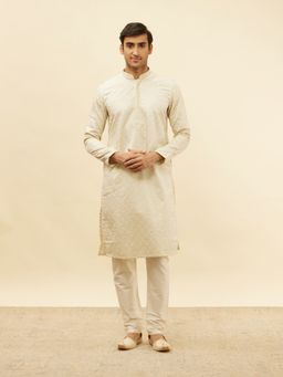 Manyavar - Mens Cream Satin Self Design Kurta Pyjama (Set of 2)