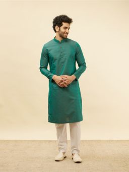 Manyavar - Mens Green Blended Cotton Embroidered Kurta Pyjama (Set of 2)