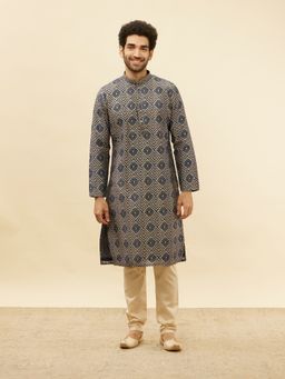 Manyavar - Mens Blue Blended Viscose Printed Kurta Churidar (Set of 2)