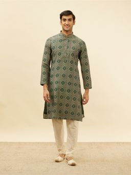 Manyavar - Mens Green Blended Viscose Printed Kurta Churidar (Set of 2)