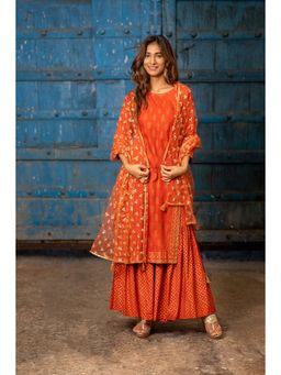 Kasya - Orange Printed Straight Kurta with Sharara and Dupatta (Set of 3)