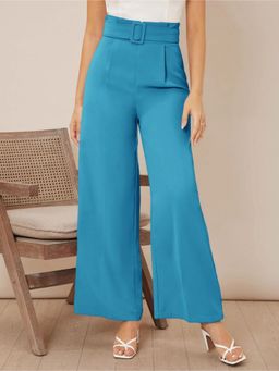KOTTY - Women High Rise Viscose Rayon Flared Fit Solid Trousers Blue (Set of 2)