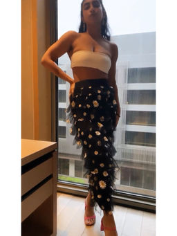 Lea Clothing - Amelia Embroidered Tulle Black Satin Fully Lined Skirt