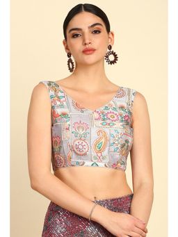 Soch - Womens Grey Synthetic Embroidered Blouse with Zari