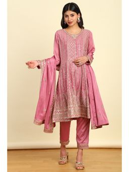 Soch - Womens Pink Embroidered Kurta Pant and Dupatta with Sequins Work (Set of 3)