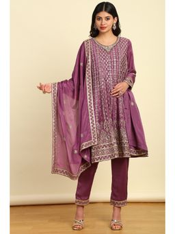 Soch - Womens Purple Embroidered Kurta Pant and Dupatta with Sequins Work (Set of 3)