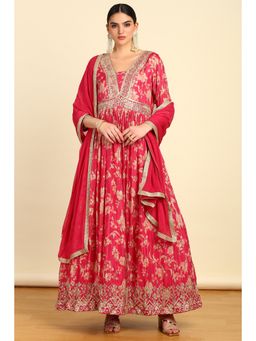Soch - Womens Red Embroidered Anarkali Kurta Churidar and Dupatta (Set of 3)