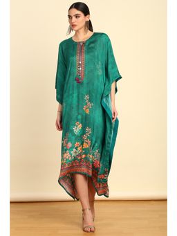 Soch - Womens Green Viscose Floral Print Kaftan with Tassels