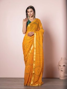 EXCLUSIVA - Yellow Blended Chiffon Bandhani Print Saree with Unstitched Blouse