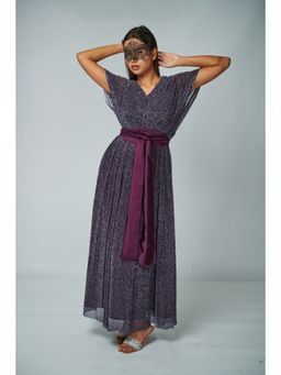 Weaving Cult - Metallic Purple V-Neck Gown with Belt (Set of 2)