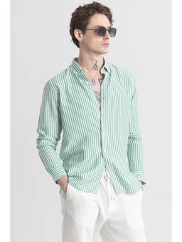 Snitch - Men Green Stripes Cotton Blend Casual Shirt