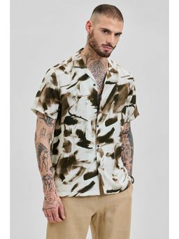 Snitch - Men Cream Abstract Viscose Blend Casual Shirt