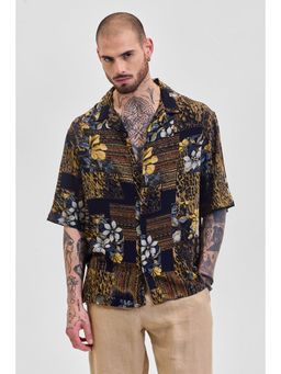 Snitch - Men Navy Blue Printed Rayon Casual Shirt
