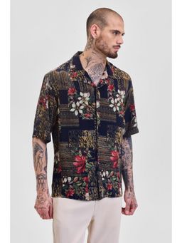 Snitch - Men Navy Blue Printed Rayon Casual Shirt
