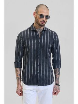 Snitch - Men Navy Blue Stripes Polyester Blend Casual Shirt