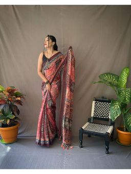EXCLUSIVA - Pink Kalamkari Print Cotton Saree with Unstitched Blouse