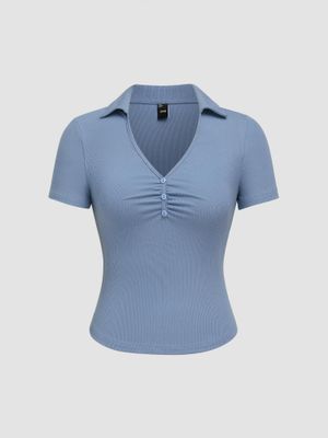 Cider Rib V-Neck Solid Button Short Sleeve Tee